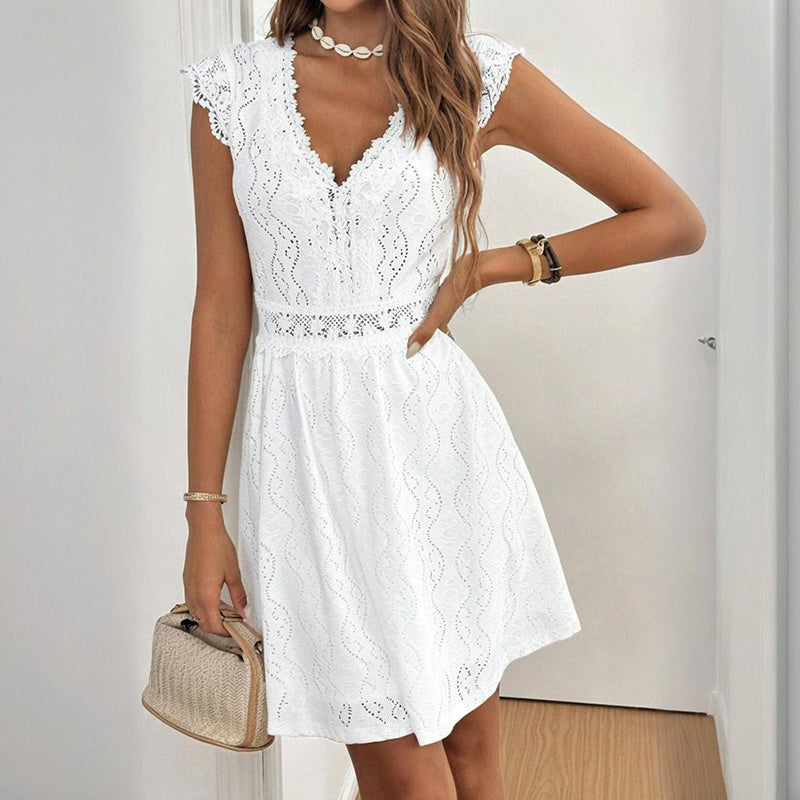 Women's V-Neck Solid Color Short Sleeve Dress With Lace Trim - Summer Sexy Vacation Dress CJ US