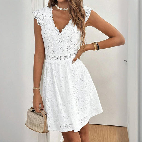 Women’s V‑Neck Short‑Sleeve Dress with Lace Trim CJ US