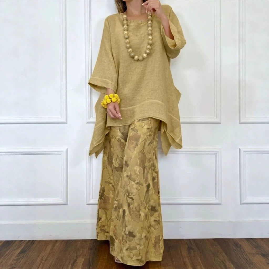 Womens Casual Cotton-Linen Irregular Top And Wide-Leg Pants Set 
