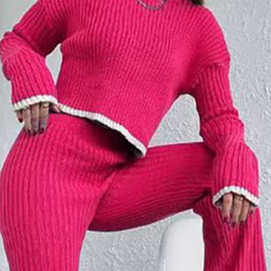 Women's Casual Color-Block Two Piece Set, Long Sleeve Crop Top With Slim Slit Pants, Spring&Autumn Comfort Outfit 