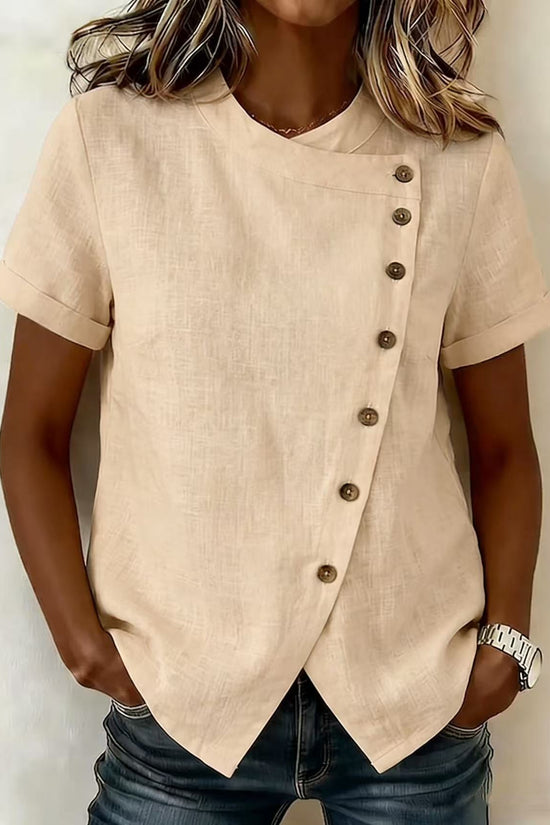New Solid-Color Cross-Neckline Short-Sleeve Loose Cotton-Linen Asymmetrical Top 