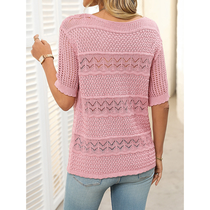 Women's Short Sleeve Sweater Tops Casual Crew Neck Crochet Knit Trendy Hollow Out Blouse T Shirts CJ US