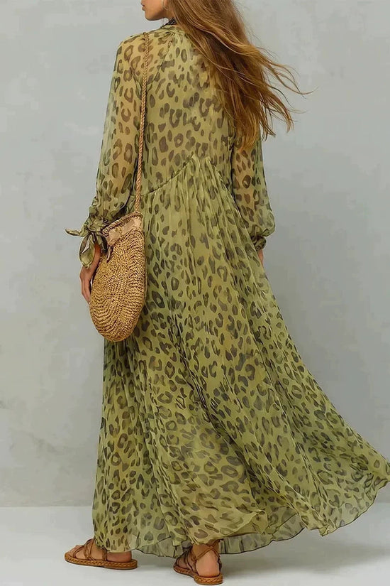 Leopard Print Chiffon Long Dress Deep V-Neck Three-Quarter Sleeve Flared Beach Vacation Dress 