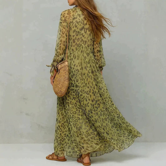 Leopard Print Chiffon Long Dress Deep V-Neck Three-Quarter Sleeve Flared Beach Vacation Dress 
