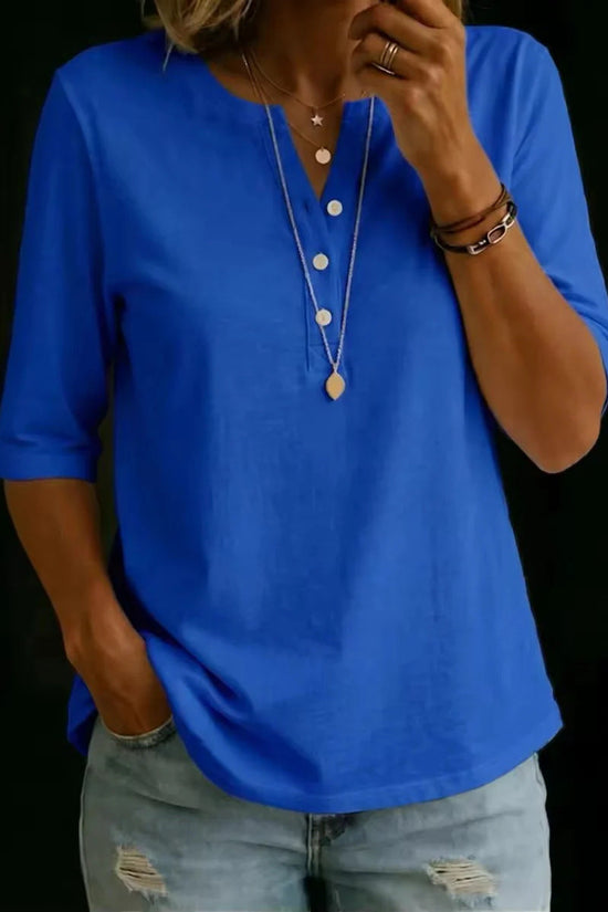 Classic Henley Neck Style Spring Summer New Women's Solid Color Button-Up Top 