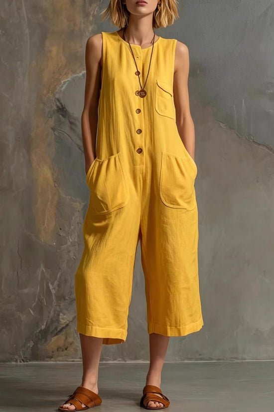Retro Sleeveless Cotton-Linen Wide-Leg Cropped Jumpsuit 