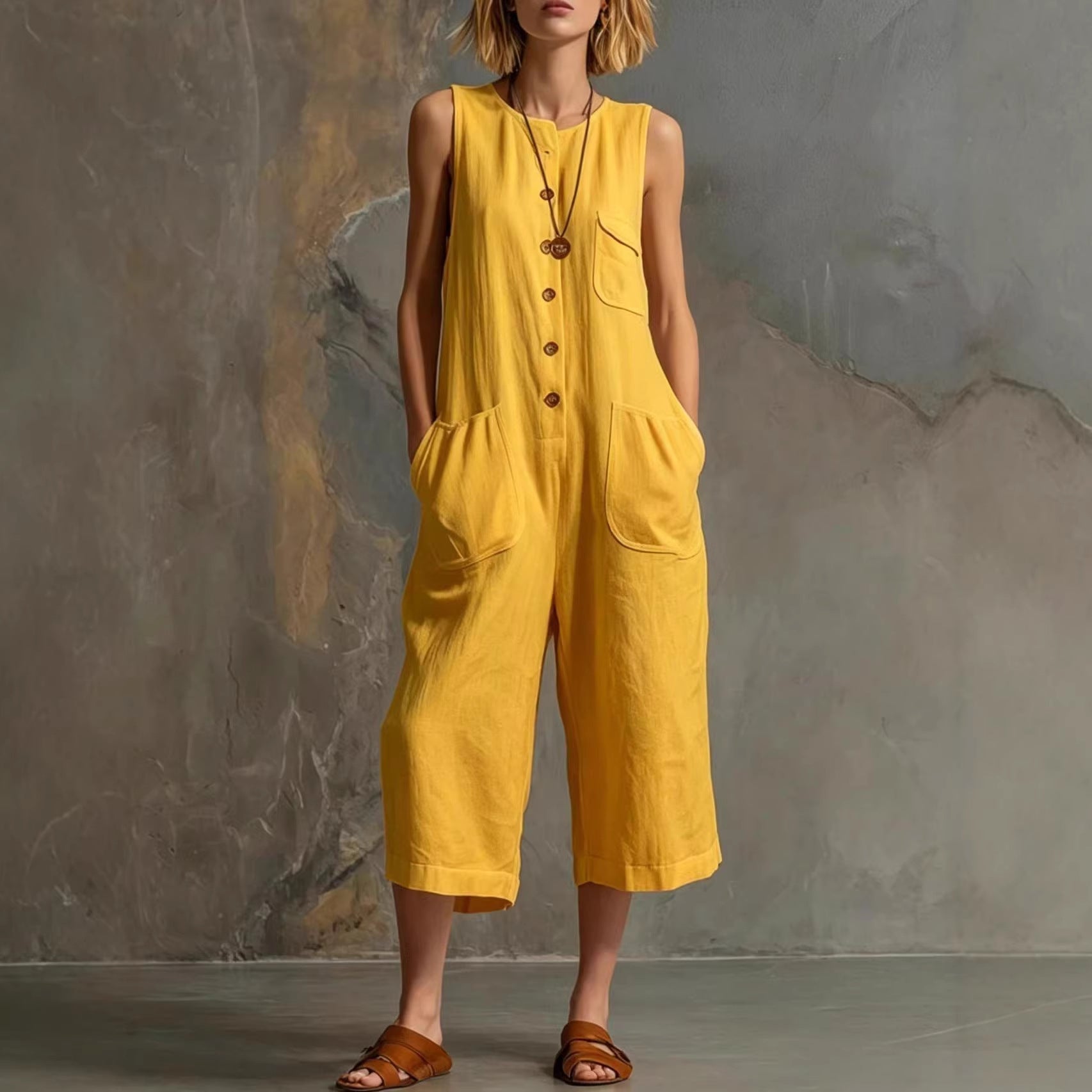 Retro Sleeveless Cotton-Linen Wide-Leg Cropped Jumpsuit 