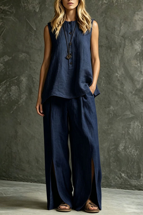 Womens Loose Sleeveless Tank Top And Slit Wide-Leg Pants Set 