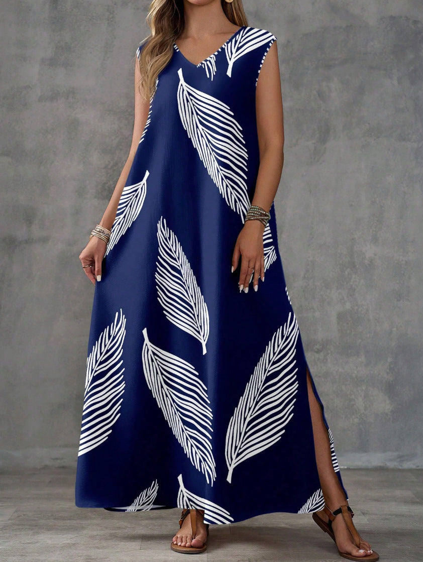 Summer Vacation Style Casual Printed V-Neck Dress 
