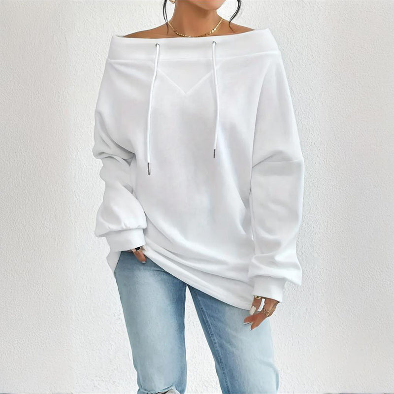 Plus Size Women's Solid Color Off-Shoulder Long Sleeve Pullover With Drawstring - Casual Ribbed Detail Top For Spring&Fall CJ US