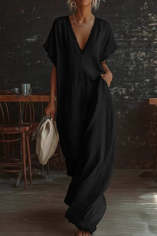European And American Style Casual Elegant Comfortable Lace-trimmed Loose Linen Cotton Long Dress 