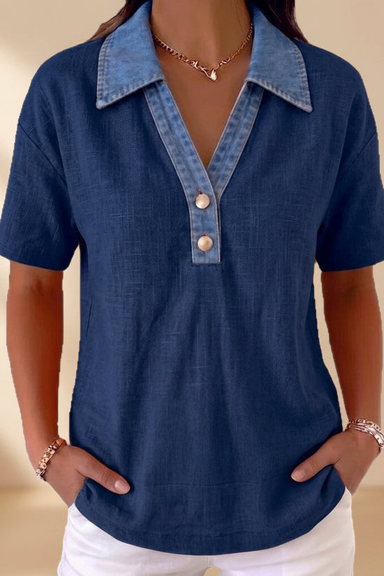 Casual Denim-Trimmed Contrast Linen Cotton Shirt Womens Apparel 