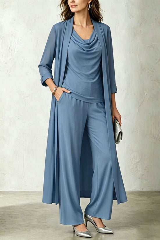 Long sleeved swing collar top long cardigan jacket long pants three piece set 