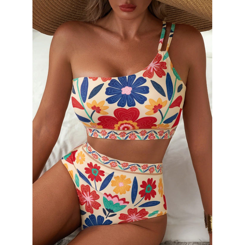 New women's high waisted bikini set with one shoulder floral print swimsuit, 2-piece set, belly cinching swimsuit 
