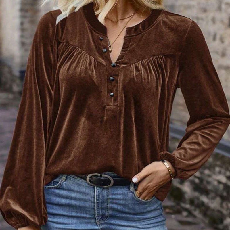 Women's Solid Color V-Neck Button Detail Long Sleeve Pullover CJ US