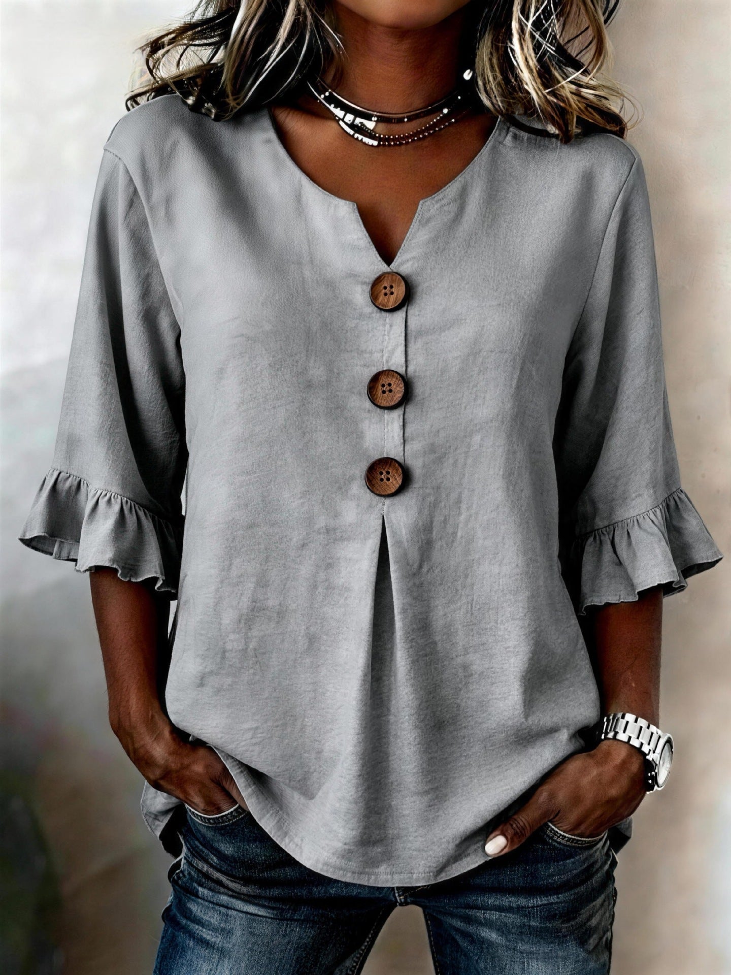 Fashionable Cotton Linen V-Neck Button-Up Blouse for Women Summer Casual Top 