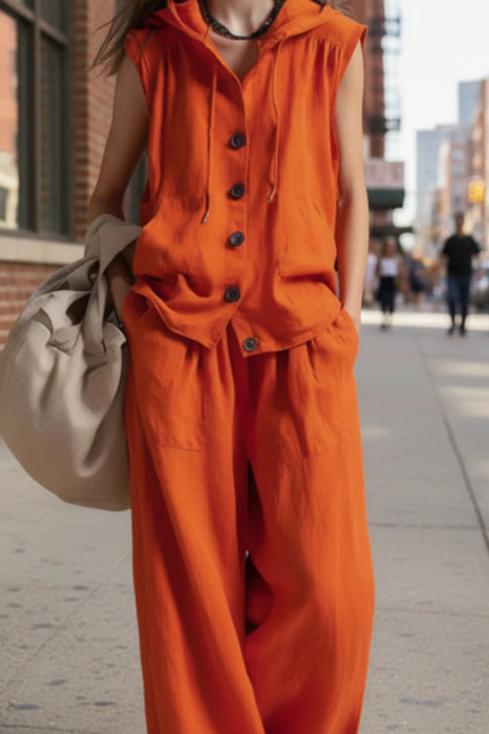 Sleeveless Loose Casual Hooded Top High-Waist Wide-Leg Pants Set 