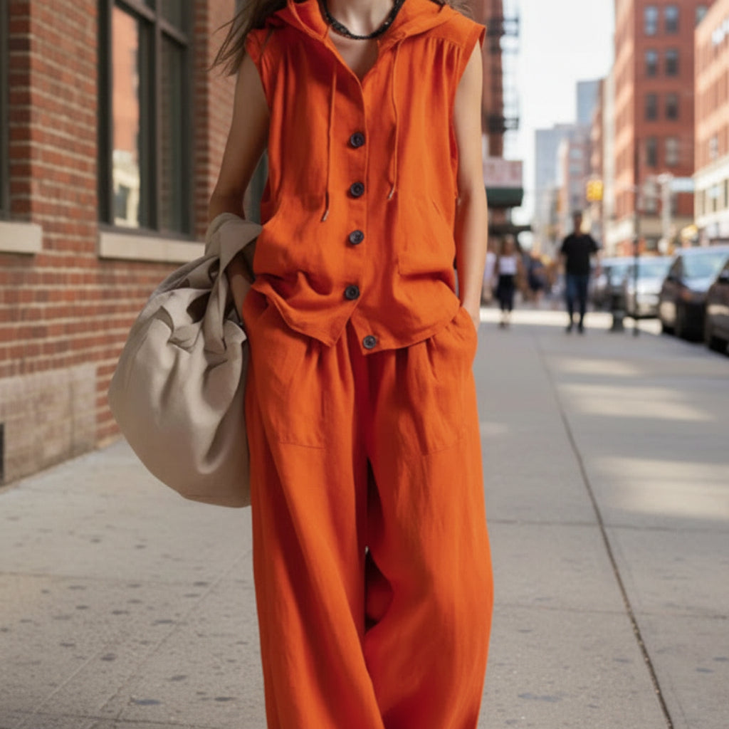 Sleeveless Loose Casual Hooded Top High-Waist Wide-Leg Pants Set 