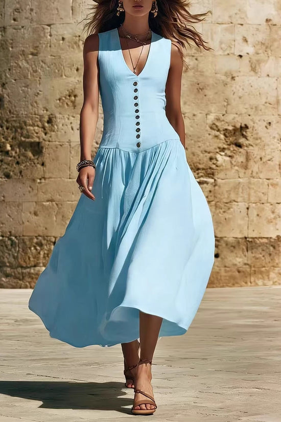 V-Neck Buttoned Chic Elegant Sleeveless Cotton-Linen Dress 