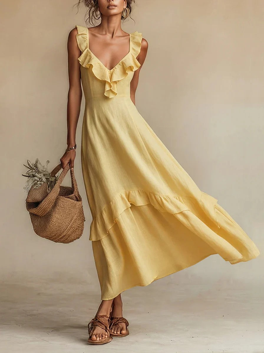 Elegant And Chic Cotton-Linen Dress With Ruffled Flutter Sleeves And A Flowing Hem 