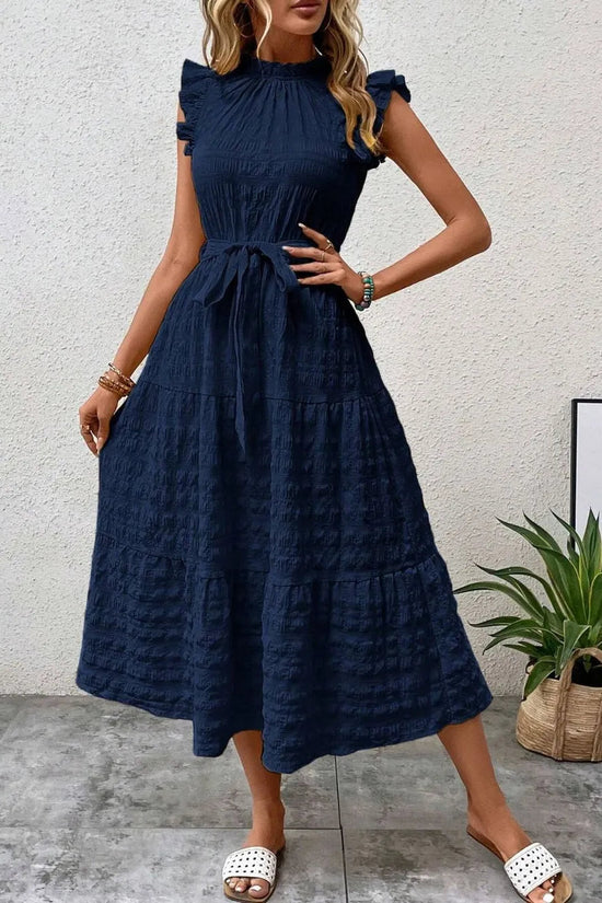 Tied Ruffled Cap Sleeve Midi Dress 