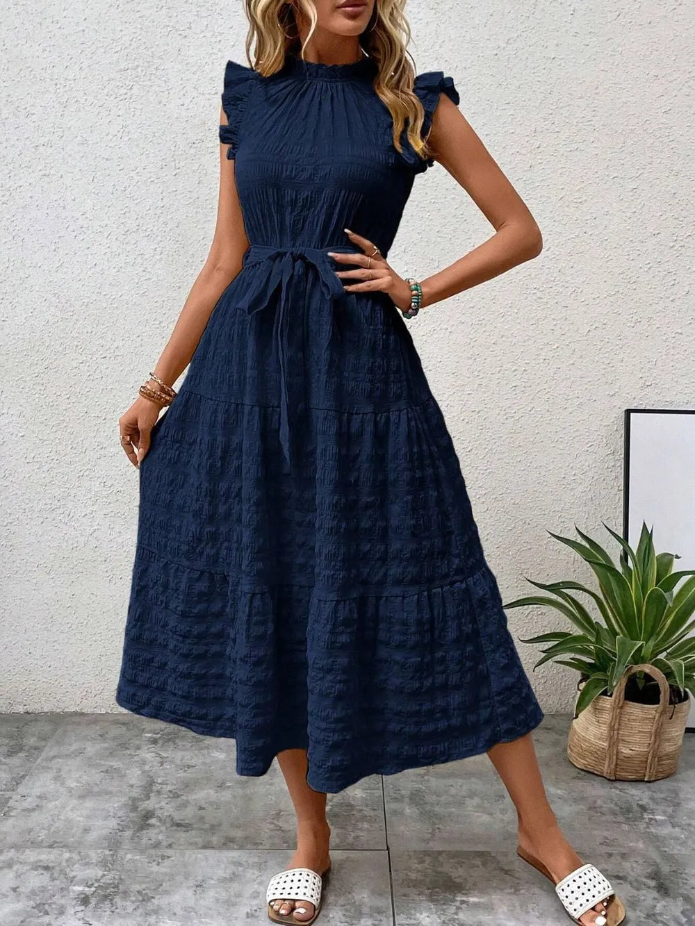 Tied Ruffled Cap Sleeve Midi Dress 