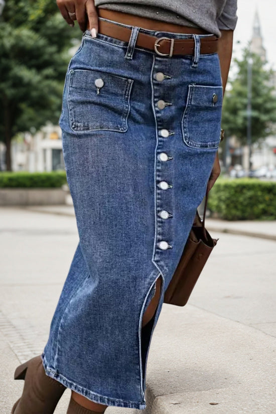 2025 SpringSummer New Women's Elastic Denim Large Size Medium Long Skirt, Casual Blue Large Size Denim Skirt, Split Denim Dress CJ US