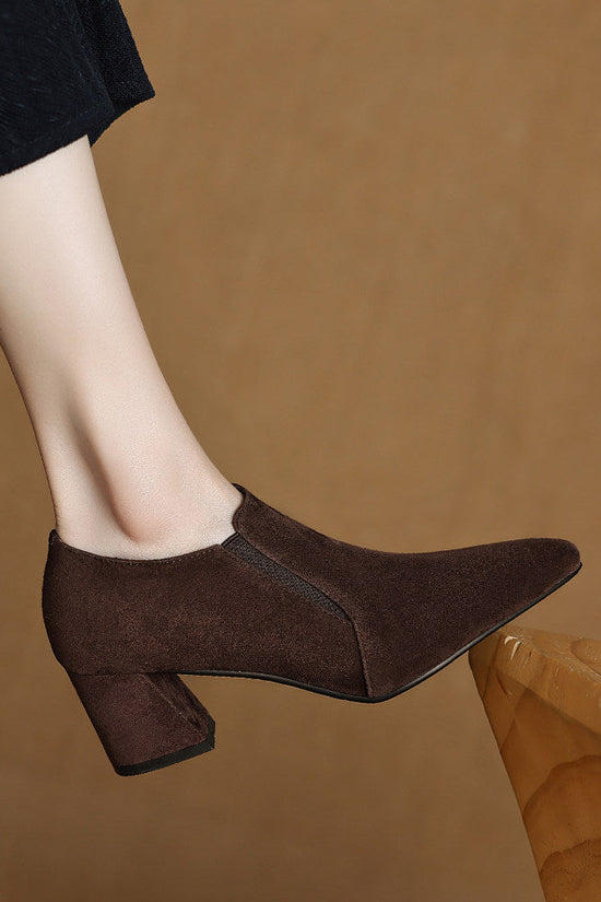 Suede-textured Deep-toe Pointed-toe Chunky-heel Shoes 