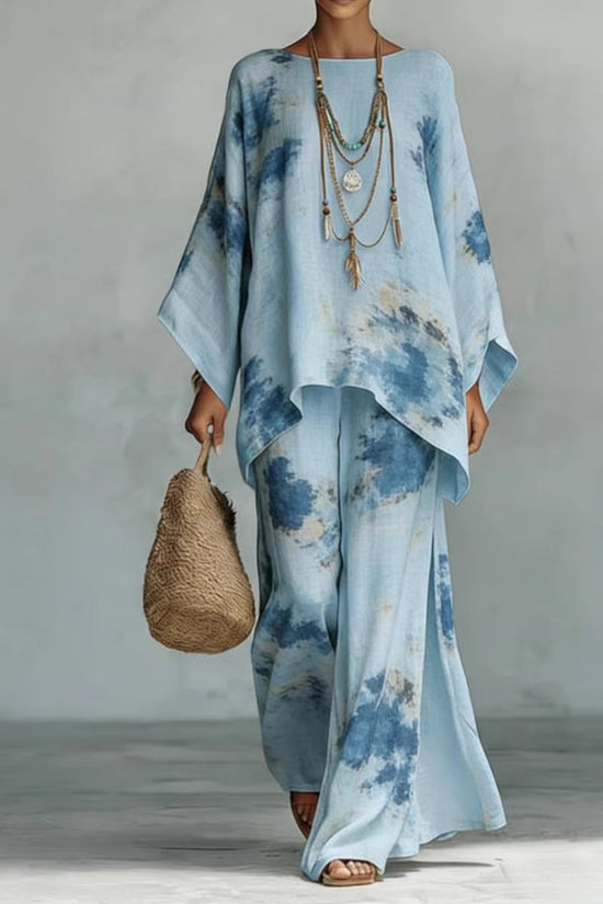 Women's Floral Print Linen Wide-Leg Two-Piece Set 