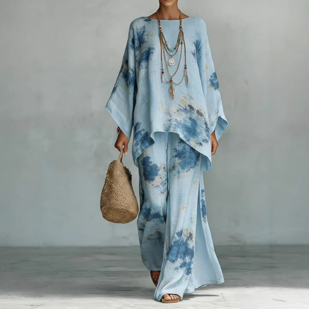 Women's Floral Print Linen Wide-Leg Two-Piece Set 