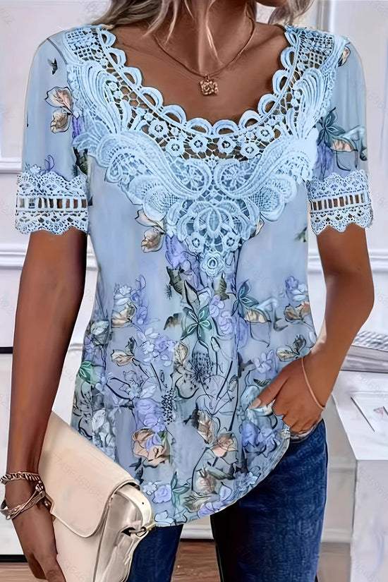 Women's Lace-Patchwork Crew-Neck Short-Sleeve T-Shirt 