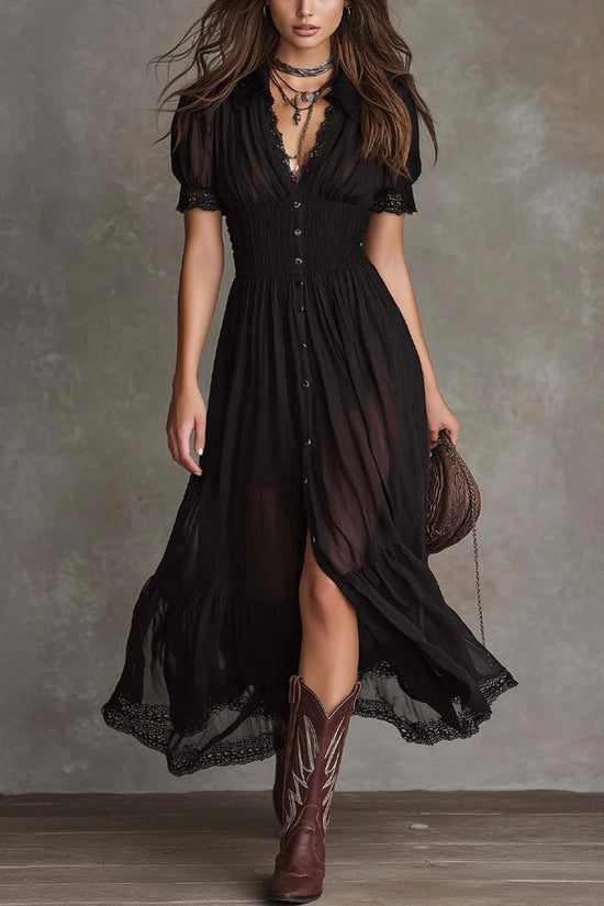 Cropped V-Neck Shirt Dress with Ruffled Hem and Side Slit, Dark Chic Style, Body-Con Fit, Long Skirt 