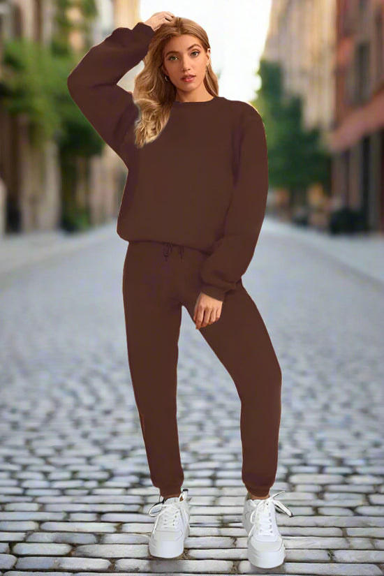 👚 Women's Solid Color Round Neck Pullover Sweatshirt & Pants Set FitiqueFit