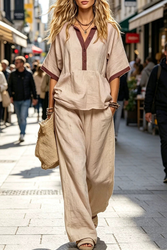Casual Loose Solid Color Top with V-Neck and Three-Quarter Sleeves  Elastic Waist Loose Wide-Leg Pants Solid Color Set for Women 