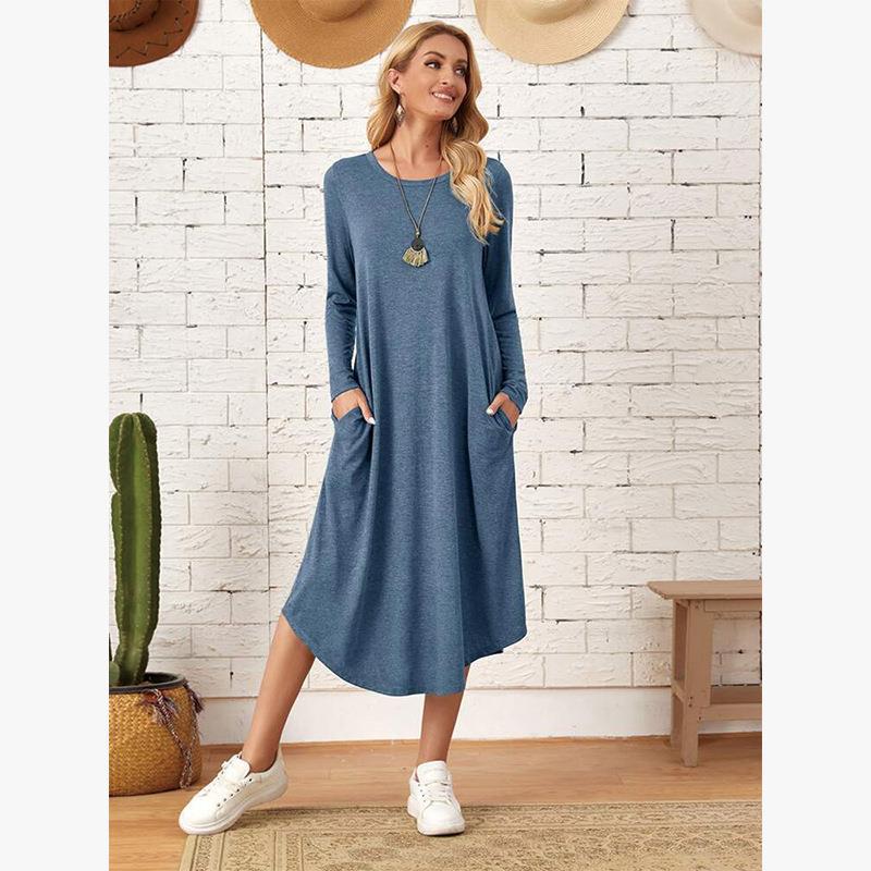 Womens Solid-Color Casual Long-Sleeve Dress 