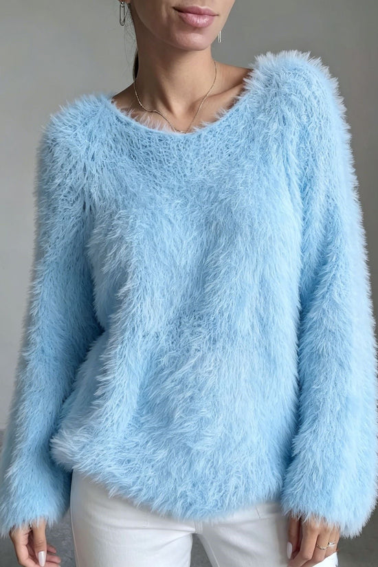 Women's macaron round neck fluffy solid color long sleeved fur top 