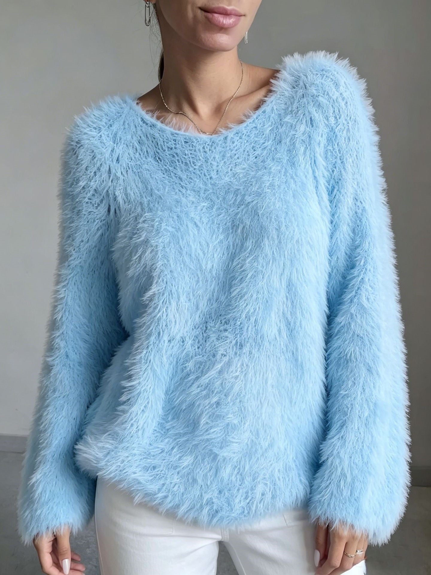 Women's macaron round neck fluffy solid color long sleeved fur top 