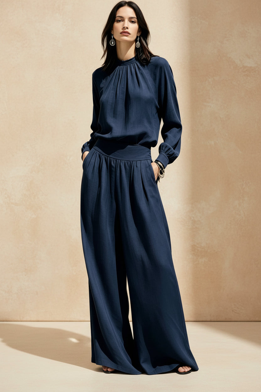 Casual Solid Color Long Sleeve Stand-up Collar Loose Fit Women's Fashion Set BlouseWide-leg Pants 