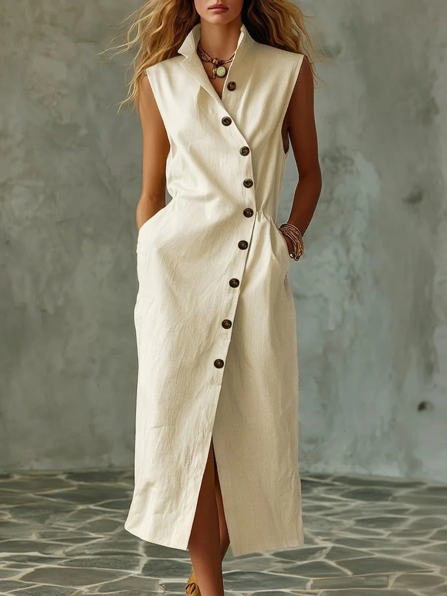 Slim-fit Elegant Single-breasted Dress With A Stand-up Collar For Women 