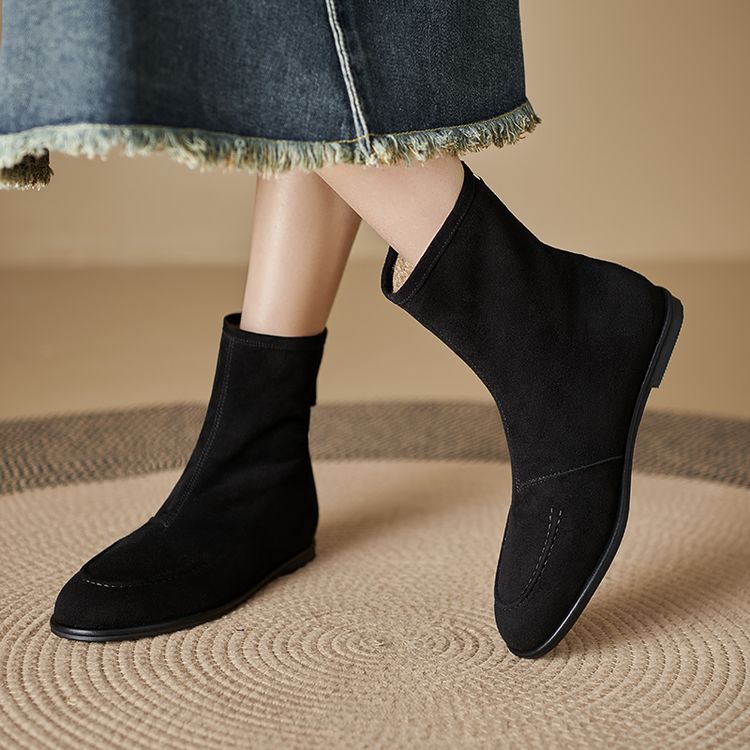 Womens Fleece-Lined Thick Simple Stylish Round-Toe Low-Heel Ankle Boots For FallWinter 