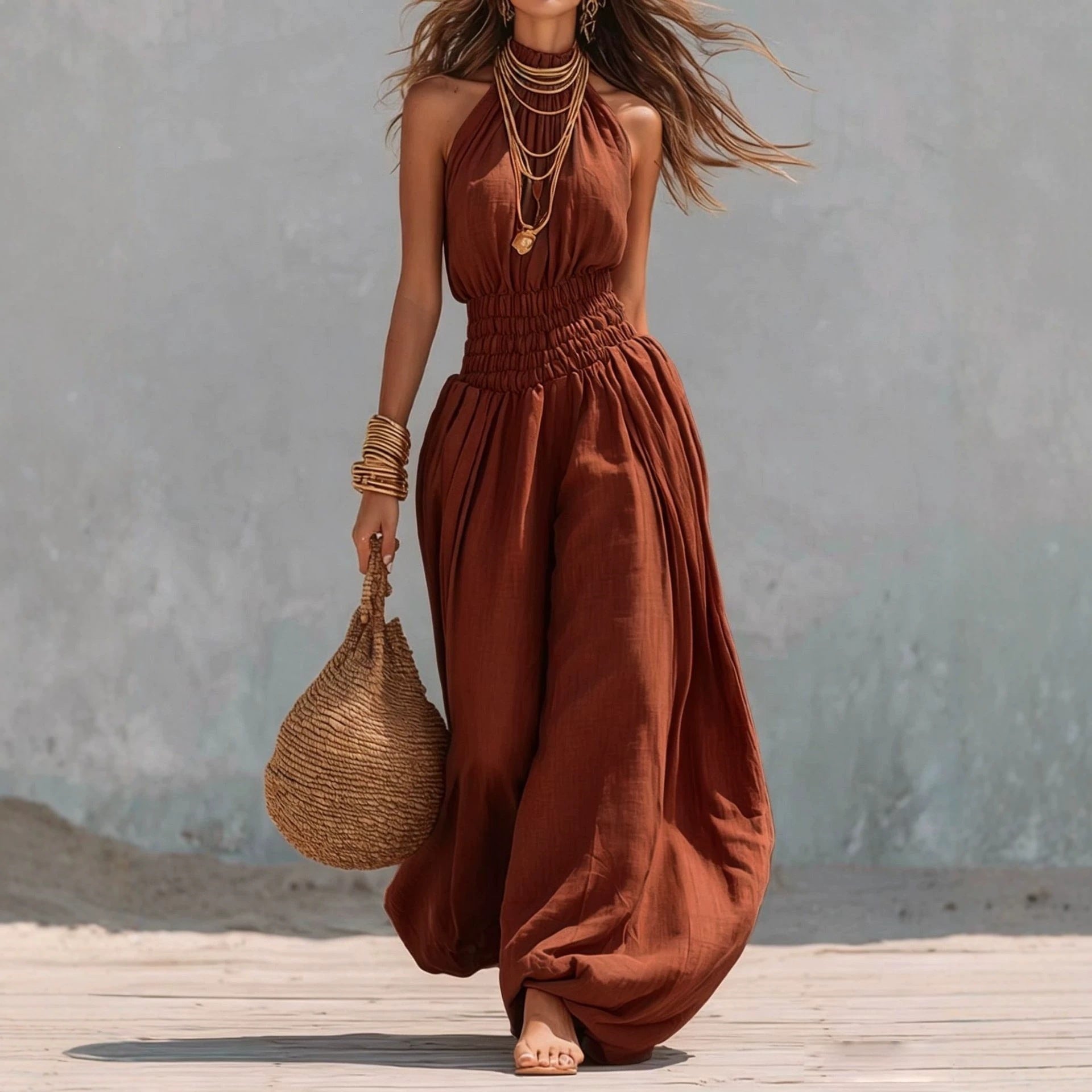 Sleeveless hanging neck lantern pants jumpsuit for women