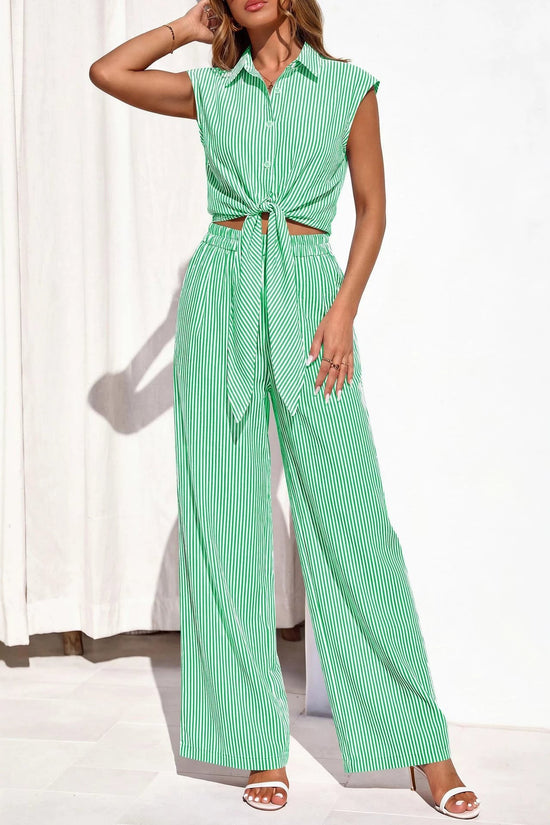 Spring Summer Women's Striped Buttoned Sleeveless Shirt and Pants Set 