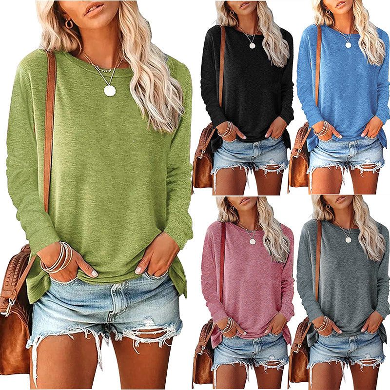 Womens Solid-Color Long-Sleeve Crew-Neck Pullover T-Shirt 