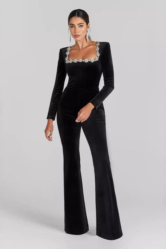 Women’s Diamond-Encrusted Square-Collar Flared Jumpsuit CJ