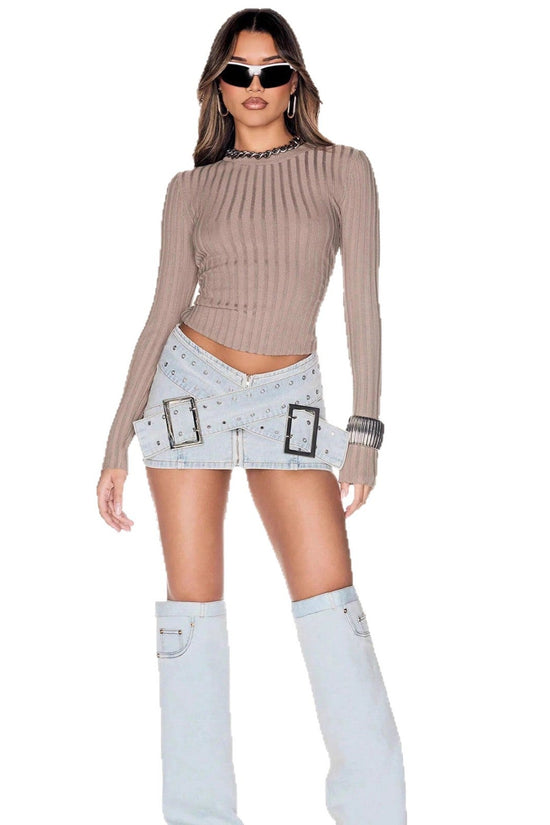 Fashionable Light Blue Denim Mini Skirt with Cross-Over Buckle Design, Bodycon Style 
