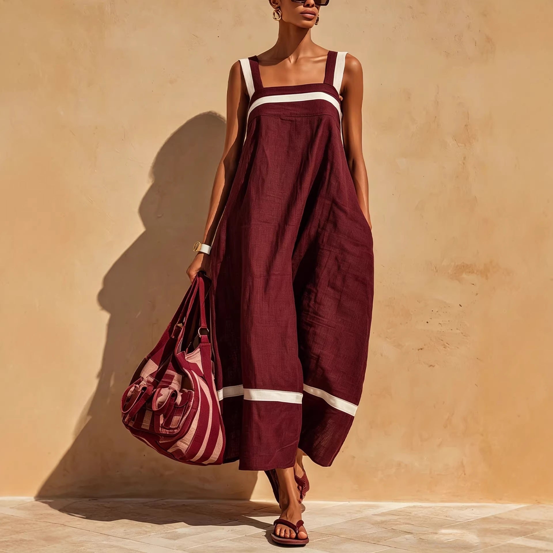 Strap Contrast-Color Womens Casual Loose Dress 