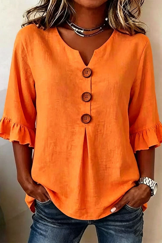 Fashionable Cotton Linen V-Neck Button-Up Blouse for Women Summer Casual Top 