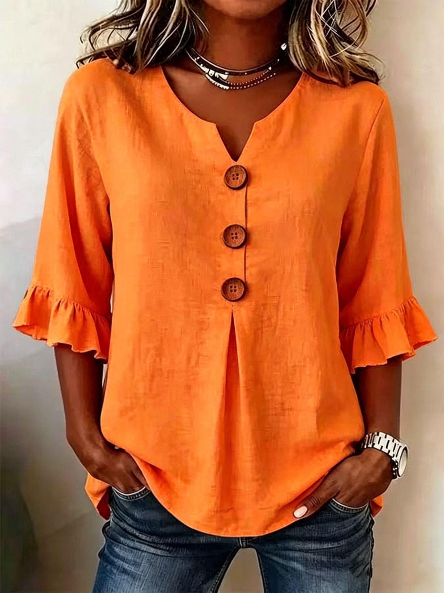 Fashionable Cotton Linen V-Neck Button-Up Blouse for Women Summer Casual Top 