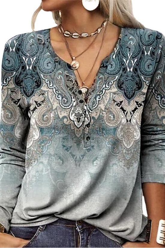 Women's Casual Ethnic Style V-neck Long-sleeved T-shirt 