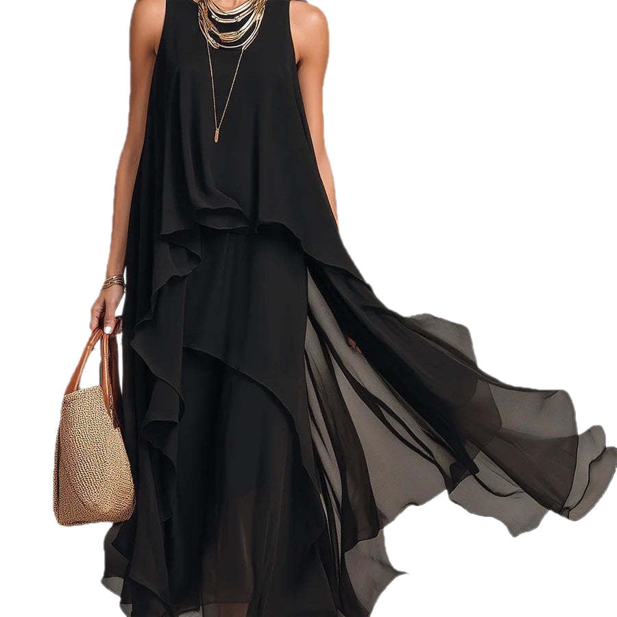 Chic Flowy Black Sleeveless Asymmetrical Chiffon Long Dress 